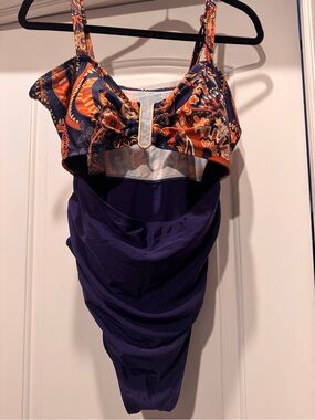 Cupshe Navy Blue One-Piece Cut out Swimsuit with Orange Paisley Print Top- NWT